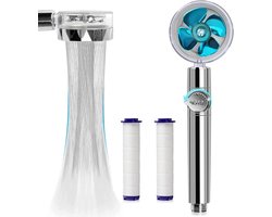 Handdouche hogedruk waterbesparend 360 graden draaibaar propeller-aangedreven met filter turbo-spa met ventilator en schakelaar blauw
