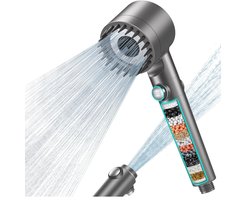 Handdouchekop met 15-laags filter, hogedrukslang, 3+1 impacttypen, verwijdert hard water, restchloor, bacteriën en zware metalen, grijs