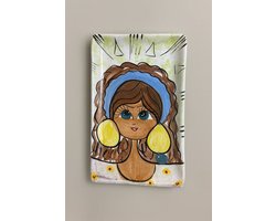 Handgemaakt Aardewerk Dienblad - Egyptisch Dorpsmeisje - (Wit x Geel-Groen) geschikt voor vaatwasser / magnetron serveerschaal decoratief bord