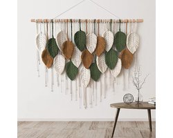 Handgemaakt Boho Wandtapijt met Bladeren en Kwastjes - Perfecte Muurdecoratie voor Slaapkamer en Woonkamer