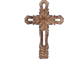 Handgemaakt Bruin Houten Wandkruis Bladdesign Wandmontage - Kerk Christelijk Katholiek Decoratie - Religieuze Geschenken