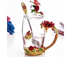 Handgemaakt glazen koffiekopje - vlinders en bloemen - 1 stuk - transparant