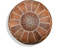 Handgemaakt leren pouf - Multifunctionele ronde ottoman voor elke interieurstijl - Cognac bruin