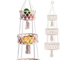 Handgemaakte 3-laagse Hangende Fruitmand van Natuurlijke Katoenen Touw, Ruimtebesparende Wandmand voor Groenten en Fruit, 110 cm Lengte, Ideaal voor Keuken en Eetkamer