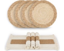 Handgemaakte Boho Placemats Set van 4 - Natuurlijke katoenen Hessische en Waterstro Geweven Combinatie Placemats Macramé Decor en Boerderijstijl Placemats voor Eettafel Keuken