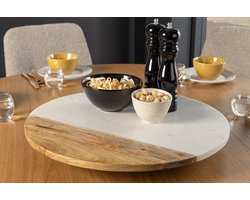 Handgemaakte draaitafel SERVANT 50cm Wit Naturel Marmer Mango Hout Decoratieve Plaat Rond - 43951