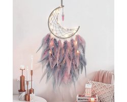 Handgemaakte Dromenvanger met LED Verlichting - Maan & Paarse Veer - Wanddecoratie Slaapkamer