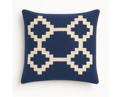 Handgemaakte Egyptische Wollen Kussenhoes 40×40 cm – “Senon” Diamantpatroon – Blauwe & Crème – Met Rits – Exclusief Binnenkussen