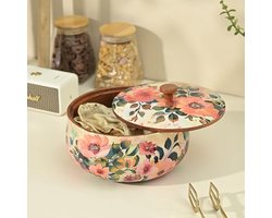 Handgemaakte Emaille Gecoate Houten Roti-doos | Pastel Flora Keukenaccessoires | Servies voor Chapati en Snacks | Dabba met Deksel (20,5 x 21,5 x 13,5 cm)