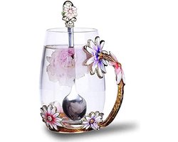 Handgemaakte emaille vlinder bloem glas koffie mokken thee kopje met lepel, verjaardag kerstcadeaus voor haar vrouwen moeder vrienden leraar Valentijnsdag Moederdag