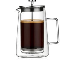 Handgemaakte Franse pers koffiezetter van glas en roestvrij staal, 1 liter capaciteit, ideaal voor thuis, op kantoor en in cafés, dubbelwandig ontwerp