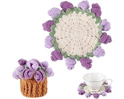 Handgemaakte Gehaakte Coasters in Pruisisch Blauw - 2 Stuks Bloem Design voor Koffietafel en Romantische Decoratie, Perfect voor Thuis en Kantoor