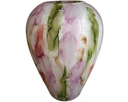Handgemaakte Glazen Vaas – Roze Groen Marmerlook – 27 cm hoog – Uniek Design – Decoratief en Modern Interieur
