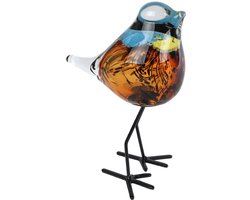 Handgemaakte glazen vogel bruin op metalen pootjes 15 cm – Luxe en uniek woonaccessoire - Housewarming cadeau