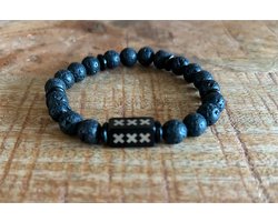 Handgemaakte Heren Armband met Lava Kralen en RVS Tussenstuk - Zwart - Op maat gemaakt - Amsterdam - XXX - Mokum - 020 - Kralen armband voor heren en dames - Natuursteen