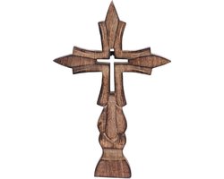 Handgemaakte houten decoratie met Frans-gesneden ontwerp en gebrande afwerking - bruin - kruis kerk christelijke wandmontage houten katholieke religieuze geschenken
