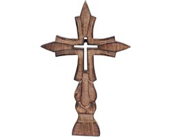Handgemaakte houten decoratie met Frans-gesneden ontwerp en gebrande afwerking - bruin - kruis kerk christelijke wandmontage houten katholieke religieuze geschenken