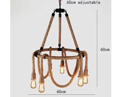 Handgemaakte Industriële Touw Hanglamp - 6-Lichts Kroonluchter - Natuurlijk Manilla Touw & Zwart Metaal - Ø 60 cm - Verstelbare Hoogte - Exclusief Lampen
