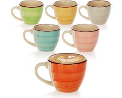 handgemaakte keramische mokkakopjes - kleurrijke kleine koffiekopjes voor espresso cappuccino mokka en ristretto - 6 stuks groen-oranje-roze-blauw-geel-grijs Koffiekopjes set van 6