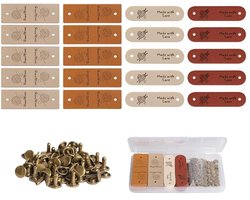 Handgemaakte labels - 20 Stuks - Decoratieve labels - Leer - Leren label met studs - Handgemaakte labels om op te naaien - Kleding accessoires - Geschikt voor het zelf haken van kleding - Voor jeans, tassen, schoenen en hoeden - 4 Kleuren