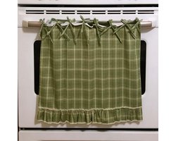 Handgemaakte landelijke ovenrok - handgeborduurde ovenrokken - decoratieve ovenafdekking - met ophanglusjes en ruches - voor onder de gootsteen of kastdeur, fornuis en wasmachine - 53.5×71×0.5cm - groen