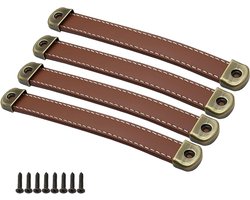 Handgemaakte leren handgrepen voor meubels, keukenkasten en badkamermeubels - PU leren knoppen (Gatenafstand: 160mm, Khaki)