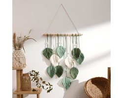 Handgemaakte Macramé Wandhanger - Bladeren & Veren Design - 100 x 40 cm - Bohemien Wanddecoratie - Katoen & Hout - Wandkleed voor Babykamer, Slaapkamer & Woonkamer - Boho Chic Huisdecoratie - Groen & Wit
