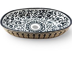 Handgemaakte Marokkaanse Waskom - Opbouw Wastafel Design - Keramiek - Ovaal - 45 x 29 cm - Zwart & Wit