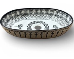 Handgemaakte Marokkaanse Waskom – Opbouw Wastafel - Geometrisch - Keramiek - Ovaal - 45 x 29 cm - Zwart& Wit