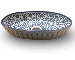 Handgemaakte Marokkaanse Waskom - Opbouw Wastafel - Keramiek - Ovaal - 35 x 25 cm - Blauw & Wit