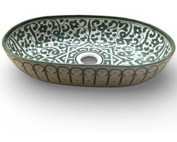 Handgemaakte Marokkaanse Waskom - Opbouw Wastafel - Keramiek - Ovaal - 35 x 25 cm - Groen & Wit