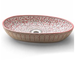 Handgemaakte Marokkaanse Waskom - Opbouw Wastafel - Keramiek - Ovaal - 39 x 29 cm - Roze & Wit
