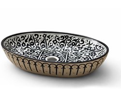 Handgemaakte Marokkaanse Waskom - Opbouw Wastafel - Keramiek - Ovaal - 39 x 29 cm - Zwart & Wit