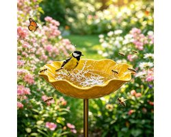 Handgemaakte metalen bloem-tuinsteker met vogelbadje – Bijen-drinkstation - bijenbad voor in de tuin - bloemontwerp – Kleurrijke schaal met vlinderdecoratie voor tuindecoratie – geel