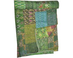 Handgemaakte Patchwork Kantha Quilt Deken - Vintage Patola Stijl - Groen - Queen Size