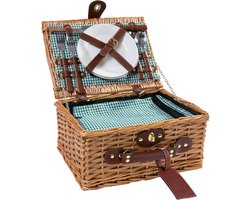 Handgemaakte picknickmand voor 2 personen met koelvak, multifunctioneel mes, roestvrijstalen bestek, porseleinen borden en wijnglazen