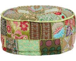 Handgemaakte Poef - Zitkruk Patchwork - Ontspannen Zitten - Uniek Borduurwerk - 40x20 cm - Groen