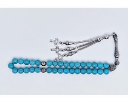 Handgemaakte tesbih klassiek - "Tasbih" natuursteen "Turkoois" - Aantal kralen 33 - Diameter kralen 8 MM - met metaal tassel "Kruis" - Een mooi cadeau-idee