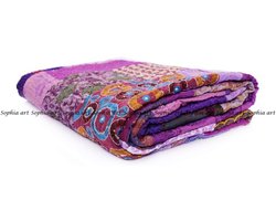 Handgemaakte Vintage Patchwork Kantha Quilt Sprei - Indiase Geborduurde Plaid