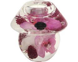 Handgemaakte waxinelichtje houder met bloemen - glas - paars rose wit- 11x11 cm - kaarshouder