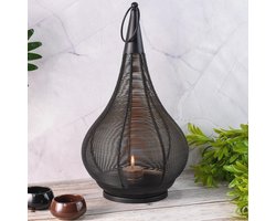Handgemaakte zwarte metalen druppelvormige lantaarn voor binnen en buiten – sfeervol windlicht voor woonkamer, balkon, terras en tuin