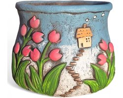 Handgeschilderde Bloempot - Betonnen Tulpenhuis - Binnen en Buiten - 1 stuk - Multicolor