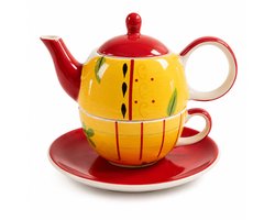 Handgeschilderde Tea for One Set - Keramiek - Theepot met Kop en Schotel - Geel/Rood