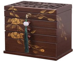 Handgetekende roos sieraden doos - 5-laags houten organizer met 4 laden en slot, vintage multifunctionele opbergdoos