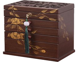 Handgetekende roos sieraden doos - 5-laags houten organizer met 4 laden en slot, vintage multifunctionele opbergdoos