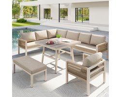 Handgevlochten tuinbank-garnituur in L-vorm voor tot 8 personen / stevig ijzeren frame met beige kussens / compleet met tafel (houtlook glas) & 1 stoel / weerbestendige terrasmeubelen