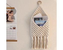 Handgeweven, aan de muur te bevestigen postrek, decoratieve hangmand in bohemian stijl voor thuis of op kantoor, organizer voor sleutels, enveloppen en documenten achter de deur, geschikt voor de hal of gang, wit.