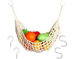 Handgeweven bananenhaak, onder kast, hangende fruitmand, katoen, opvouwbaar opbergnet voor keuken, afneembare groentehouder en hangmat, crèmewit