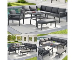 Handgeweven L-vormige tuinbank voor maximaal 8 personen / Robuust ijzeren frame met grijze kussens / Incl. 1 tafel met marmeren glasplaat en 2 fauteuils / Weerbestendige terrasmeubelset