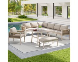 Handgeweven L-vormige tuinbankset voor maximaal 8 personen / Stevig ijzeren frame met beige kussens / Compleet met tafel (glas met houtlook) en 1 fauteuil / Weerbestendig tuinmeubilair